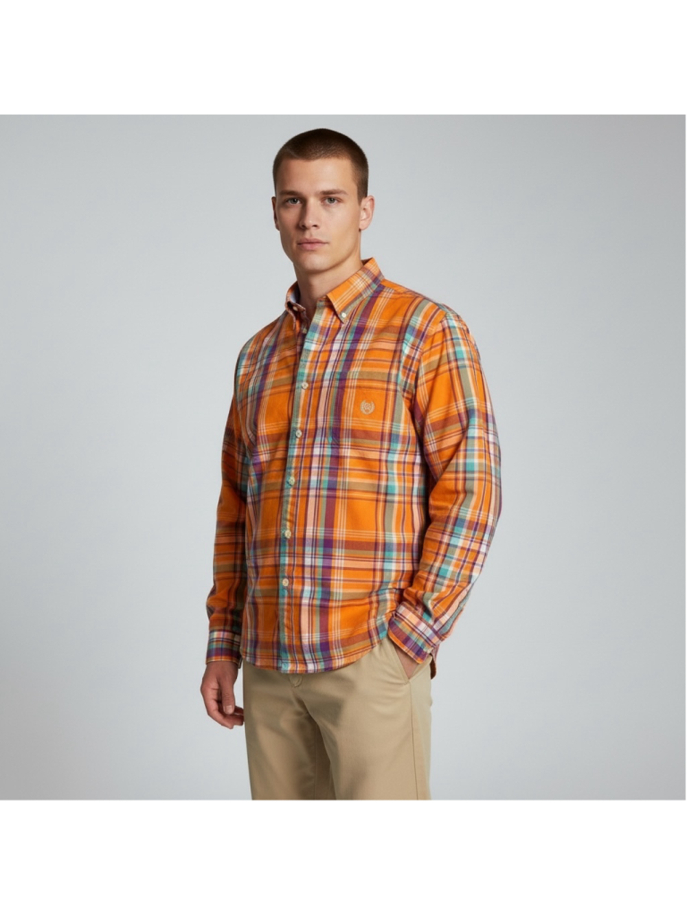 Men's Chaps XXL Orange Teal Purple Plaid Casual Button Down long sleeve Shirt